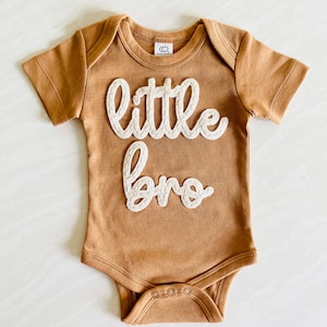 LITTLE BRO BODYSUIT Announcement Onesie® Hand Embroidered Baby Announcement Sibling Announcement Shirt Family Matching image 1