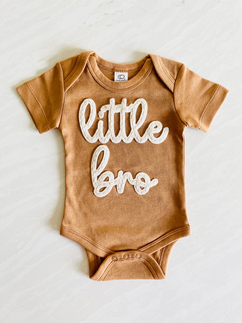 LITTLE BRO BODYSUIT Announcement Onesie® Hand Embroidered Baby Announcement Sibling Announcement Shirt Family Matching image 1