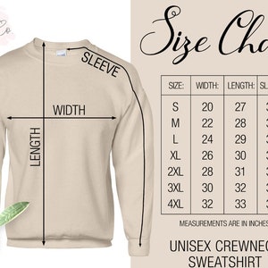 May include: A size chart for a unisex crewneck sweatshirt. The chart shows measurements in inches for width, length, and sleeve length for sizes S through 4XL.