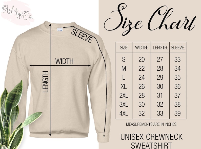 May include: A size chart for a unisex crewneck sweatshirt. The chart shows measurements in inches for width, length, and sleeve length for sizes S through 4XL.