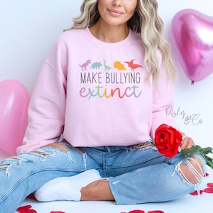 May include: A pink sweatshirt with a graphic of colourful dinosaurs and the text "MAKE BULLYING extinct".