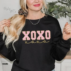 XOXO Faux Glitter & Patch Print , Cute Valentine's Day Shirt, Funny College Sweatshirt, Love Crewneck Tshirt,  Valentines Sweater Aesthetic