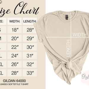 May include: Size chart for a unisex t-shirt, showing measurements in inches for width and length for sizes S, M, L, XL, 2XL, and 3XL. The chart states "Gildan 64000 Unisex Softstyle T-Shirt".