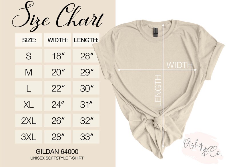 May include: Size chart for a unisex t-shirt, showing measurements in inches for width and length for sizes S, M, L, XL, 2XL, and 3XL. The chart states "Gildan 64000 Unisex Softstyle T-Shirt".