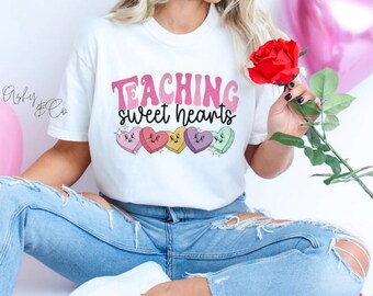 Teaching Sweethearts Valentine's  Sweatshirt, Cute Teacher Shirt, Teacher Crewneck Tshirt,  Pink Sweater, Teacher Aesthetic , Teacher Style