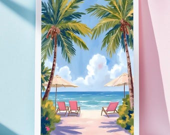 Preppy Coastal Grandmillennial Beach Watercolor Print – Digital Download