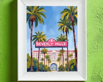 Preppy Coastal Grandmillennial Beach Beverly Hills Watercolor Print – Digital Download