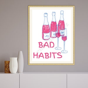 Bad Habits, Cocktail Wall Art, Digital Print, Dorm Decor, Preppy Room Decor, Preppy Wall Art