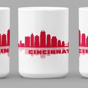 Cincinnati city skyline full wrap mug- Cincinnati, Ohio coffee cup, red hot city gift, baseball fan player student gift