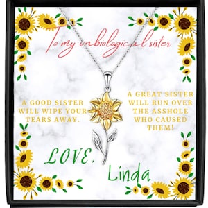 Personalized unbiological sister sunflower gold necklace- sweet and snarky customized jewellery, sarcastic jewelry, sunflower earrings