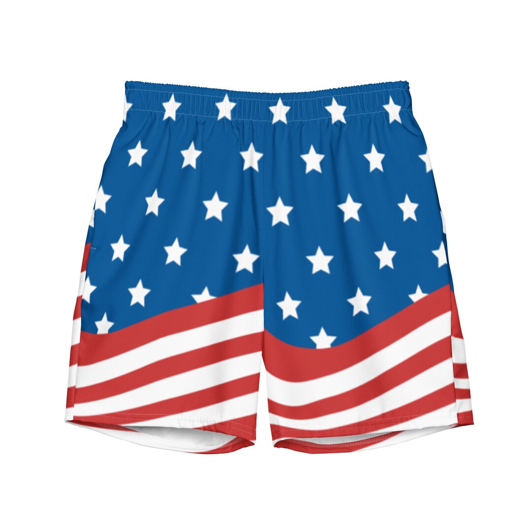 American Flag Swimming Trunks Patriotic Allover Print Swimsuit, USA Beachwear, Eco Old Glory