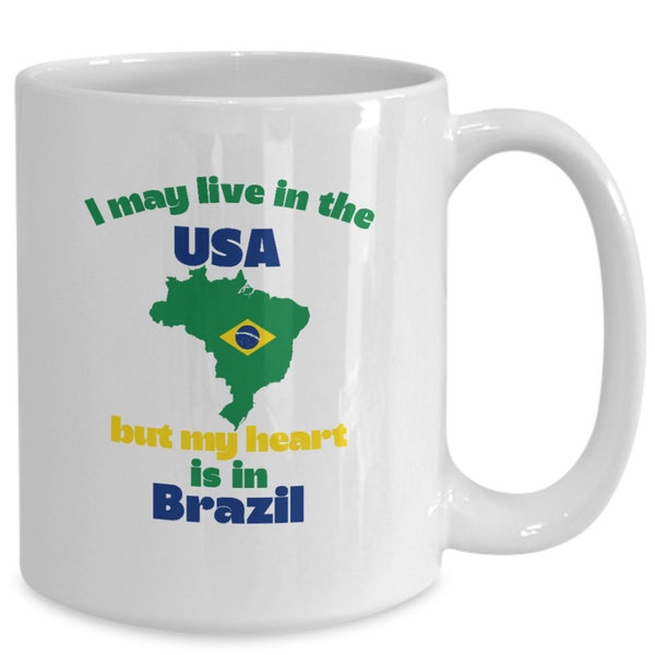 Brazilian American dad mug- heart in Brazil gifts, bonus mom from Brazil coffee cup, Brazilian American gift, mamãe from Brazil