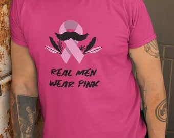 Real Men Wear Pink shirt- Cancer awareness men&#39;s tee, hopeful happy warrior shirt, motivational cancer t-shirt, breast cancer survivor shirt
