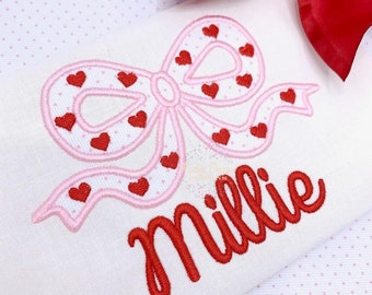 Valentine Appliqué Bow Silhouette with Hearts  Machine Embroidery Design