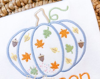 Kürbis mit Herbstlaub und Eichel Satin und Füllstich Stickmuster