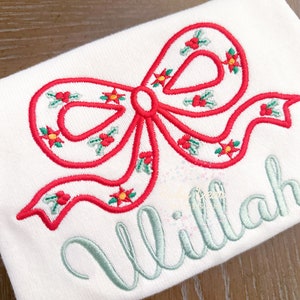 Christmas Bow Silhouette with Holly and Poinsettias Satin Stitch Machine Embroidery Design