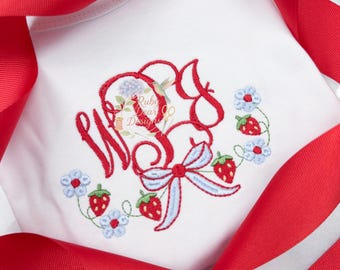 Strawberry Floral Bow Frame Satin and Fill Stitch Machine Embroidery Design