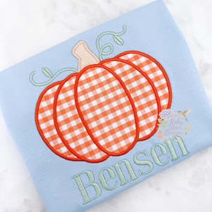 Könnte beinhalten: Hellblaues T-Shirt mit gesticktem Kürbis-Design. Der Kürbis hat einen roten Umriss und ein kariertes orange-weißes Muster. Der Name "Bensen" ist darunter in Hellgrün gestickt.