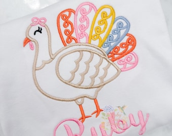 Turkey Girl with Bow Feathers Satin Outline Stitch Machine Embroidery Design