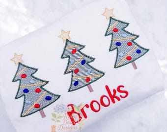 Christmas Tree Trio with Star Topper Sketch and Satin Stitch Machine Embroidery Design