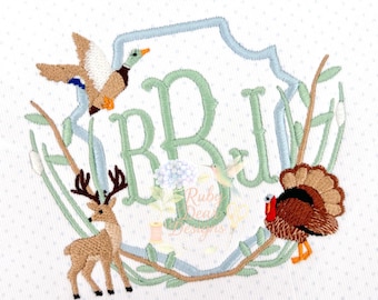 Wild Game Deer Turkey Mallard Crest with Grass Reeds and Branches Machine Embroidery Design