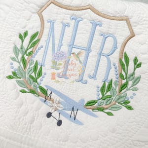 Airplane Greenery Crest Vintage Style Fill and Satin Stitch Machine Embroidery Design