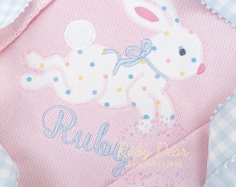 Bunny Girl Hopping with Bow Easter Zig Zag Appliqué Machine Embroidery Design