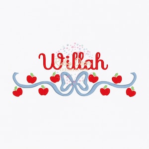 Pode incluir: Um design com o nome "Willah" em escrita vermelha, acompanhado por uma fita azul clara adornada com maçãs vermelhas. Um grupo de pontos coloridos está acima do nome. O design está em um fundo branco.