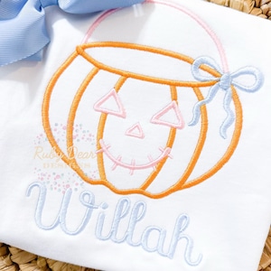 Jack O Lantern Girl Trick or Treat Bucket with Bow Satin Outline Machine Embroidery Design