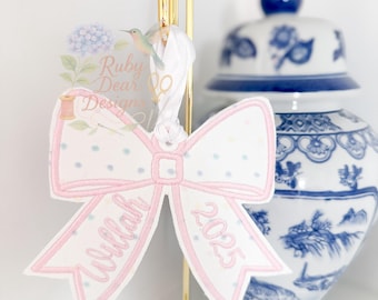 In The Hoop Christmas Preppy Bow Ornament Tag Satin Outline Stitch Machine Embroidery Design
