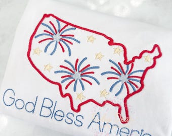 America July 4th Patriotic Outline with Firework and Stars Satin Stitch Machine Embroidery Design