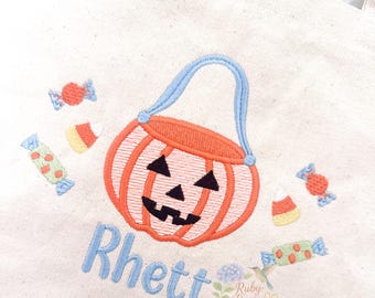 Jack O Lantern Ribbon Handle Boy Skizze mit Satinstich Stickdatei