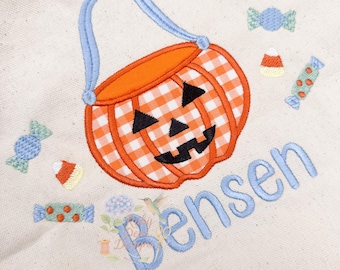 Jack O Lantern Ribbon Handle Boy Satin Appliqué with Mini Candies Stitch Machine Embroidery Design