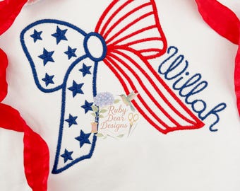 Stars and Stripes Patriotic America Bow Satin Outline Stitch Machine Embroidery Design