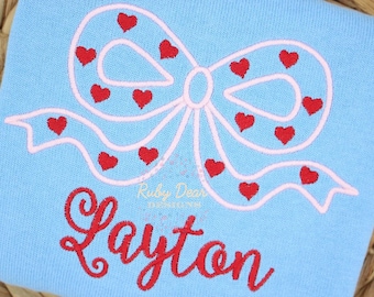 Valentine Bow Silhouette with Hearts Satin Stitch Machine Embroidery Design