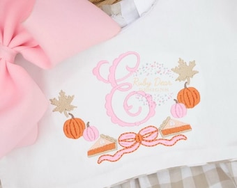 Pumpkin Pie Fall Leaf Bow Monogram Frame Satin Fill Bean Stitch Machine Embroidery Design