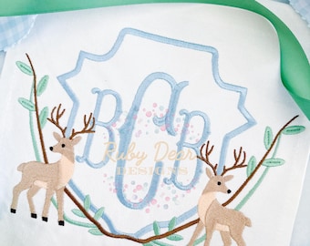 Buck Deer Crest with Leaves and Branches Fill and Satin Stitch Machine Embroidery Design