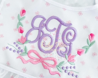 Floral Whimsical Bow Monogram Frame Satin Bean Stitch Machine Embroidery Design