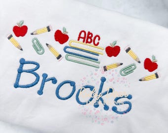 Back To School Book Stack School Supplies and Apples Row Satin and Fill Stitch Machine Embroidery Design