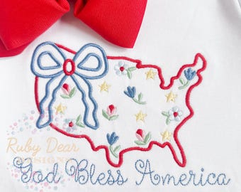 America July 4th Patriotic Outline with Florals and Stars Satin Stitch Machine Embroidery Design