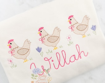 Chicken Hen Farm Trio Sketch Satin Florals Stitch Machine Embroidery Design