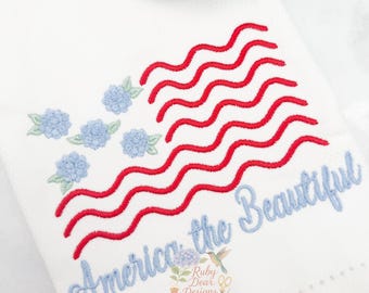 Hydrangea American Flag Satin Stitch Machine Embroidery Design