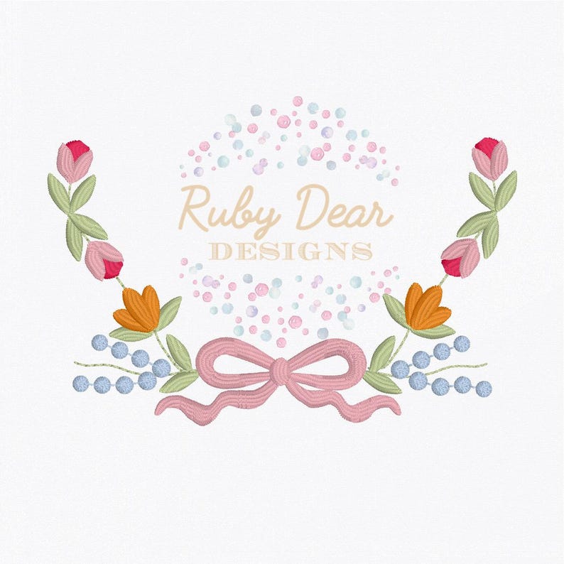 Floral Whimsical Bow Monogram Frame Satin Bean Stitch Machine ...