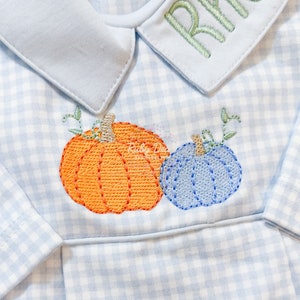May include: A light blue gingham baby onesie with an embroidered pumpkin and a blue pumpkin. The onesie has a white collar with the name "Riley" embroidered in green.