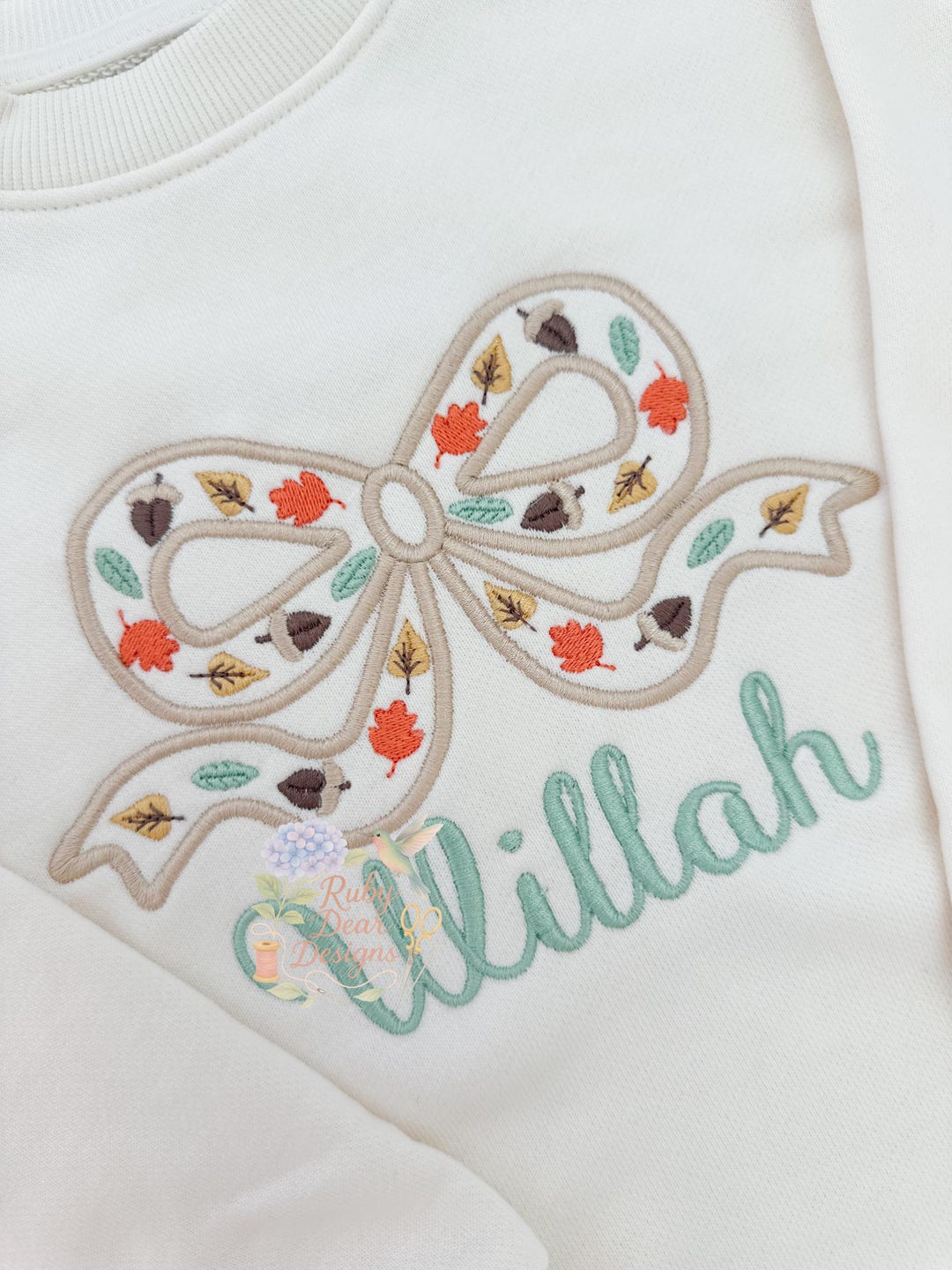 Fall Leaves and Acorns Bow Satin Outline Stitch Machine Embroidery ...