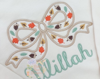 Fall Leaves and Acorns Bow Satin Outline Stitch Machine Embroidery Design