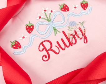 Strawberry Floral Whimsical Bow Satin and Fill Stitch Machine Embroidery Design