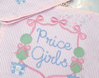 Bows and Chinoiserie Topiaries Classic Southern Grandmillineal Satin and Oil Stitch Machine Embroidery Design