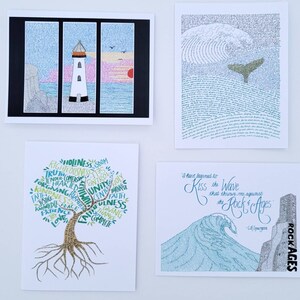 May include: Four different art prints with a variety of themes. The first print features a lighthouse with a pink and orange sunset in the background. The second print features a whale tail breaking through a wave. The third print features a tree with words like "love", "faith", and "kindness" on the branches. The fourth print features a wave crashing against a rock with the text "I have learned to kiss the wave that throws me against the rock's ages".