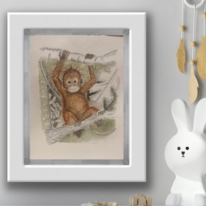 Baby Orangutan Original Pen & Watercolour Artwork - Digital Print